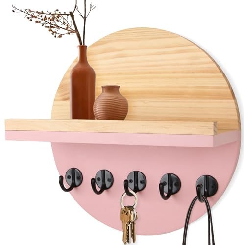 Gurfuy Pinker Schlüsselhalter für die Wand mit Regal – Holzbrief-Organizer und Regal mit Regalhaken, Wandmontage, für Eingangsbereich, Dekoration, Zeitschriften, Briefaufbewahrung, Bauernhaus,