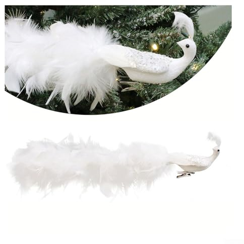 Weißer Pfau Weihnachtsschmuck langer Schwanz Pfau Clip Ornament Faux Gefiederte Pfau Vögel Clip-On Künstlicher Pfau für Weihnachtsbaum Dekoration