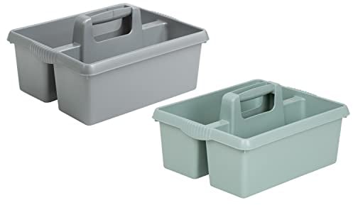 (Set of 2) Plastic Multipurpose Cleaning Caddy with Handle Shower Caddy Organizer Tool Box Utility Caddy Storage Basket Tidy Organiser Tote Tray For Car Dorm Bathroom Kitchen Home (Silver Sage+Silver)