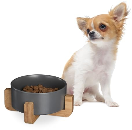 Relaxdays Hundenapf Keramik, 850 ml, für Futter & Wasser, Futternapf mit Bambus-Gestell, HxBxT: 9 x 20 x 20 cm, grau