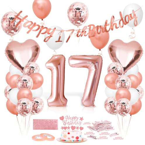 Luftballon 17. Geburtstag Roségold - Deko Set Mit Riesen Folienballon Zahl 17, Happy Birthday Ballon Für Frauen