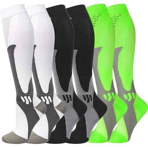 Kompressionssocken (3 Paar) für Männer Zirkulation 20-30mmHg Medizinische Kompressionsstrümpfe Frauen Stillen (Schwarz + Weiß + Grün, S-M)