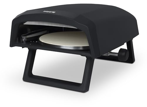 H.Koenig GINO640, forno per pizza a gas, in acciaio inox, 32 cm, superficie girevole a 360 gradi, pietra Cordierite, fino a 500°C, piedi pieghevoli, pala per pizza e regolatore