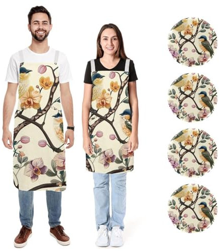 Küchenschürze mit rundem Abzeichen, hübsche Vögel und Orchideen, wasserabweisend, mit 2 Taschen, Kochschürzen für Damen und Herren, 2 Stück, Hübsche Vögel und Orchideen,