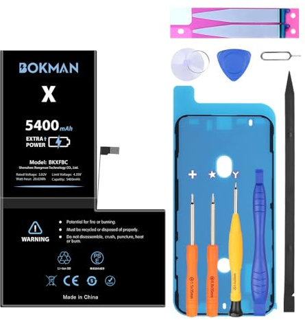 bokman Batterie pour iPhone X, Haute Capacité 5400mAh avec Tous Les Kits d'outils et Bandes adhésives