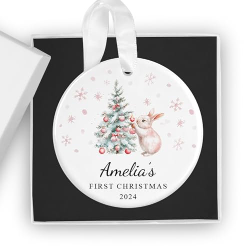 Personalised Baby's First Christmas Bauble Ornament with Gift Box - Custom 1st Xmas Keepsake - Ideal for New Baby Girl (Pink Rabbit Tree)