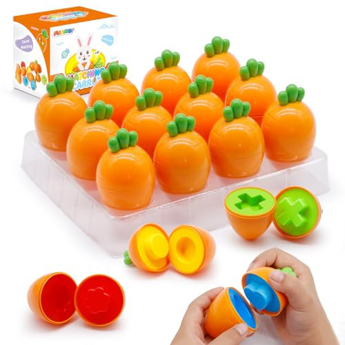 MOONTOY Zanahoria Juguetes de Huevos, 12 Pcs Juguete Huevos Colores Clasificación, Puzzle Juegos Montessori 1 2 3 años Juegos, Educativos Geométricos para Niños y Niñas Cumpleaños Regalo de Pascua