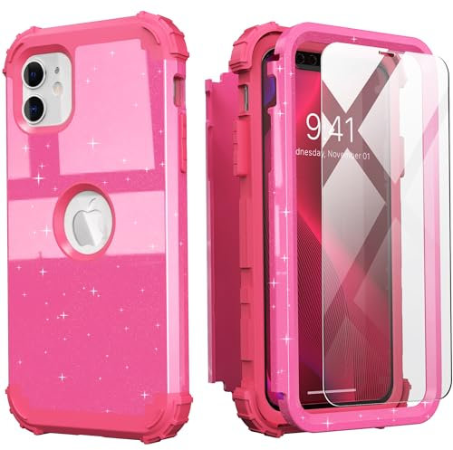 IDweel for iPhone 11 Case with Screen Protector(Tempered Glass), Hybrid 3 in 1 Shockproof Slim Fit Heavy Duty Protection Hard PC Cover Soft Silicone Bumper Full Body Case,Glitter Rose Red