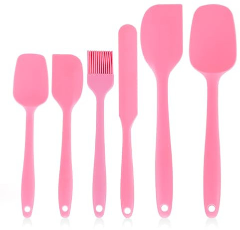6 StüCk Teigschaber Silikon Spatel Set KüChenutensilien fum Backen,Silicone Spatula Silikon KüChenhelfer Und Mischen HitzebestäNdiger SilikonlöFfel In KüChenhelfer Set Silikon Küchenspachtel (Rosa)