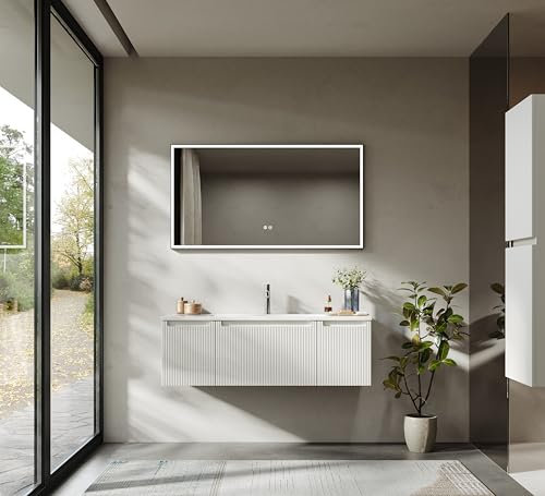 BRIDGE BENO Hängeschrank mit Waschbecken aus Mineralharz, Schublade und Tür, ultradünn, sanft schließend, geriffelter Akzent, geeignet für große Badezimmer (Mattweiß, 120 cm)