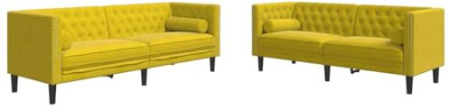 vidaXL Chesterfield Sofa Set mit Nackenrollen 2-TLG., Sofagarnitur mit Kissen, Sitzgruppe für Wohnzimmer, Polstersofa Couch Sessel, Gelb Samt