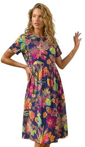 Roman Originals Floral Print Smock Dress for Women UK - Ladies Everyday Holiday Spring Summer Round Neckline Comfy Soft Evening Vacation Work Party - Navy Floral - Size 10