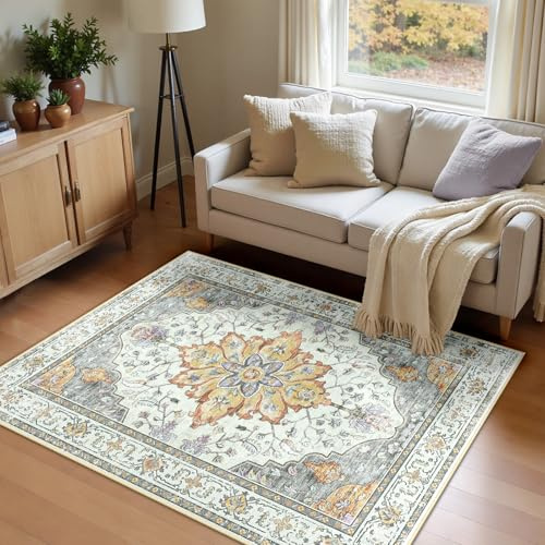 INOVADAY Teppich Wohnzimmer Waschbar 120x180 cm Retro Gelb/Grau/Orange/Lila | Teppich Schlafzimmer, Vintage Teppich Waschbar, Esszimmer, Büro, Kurzflor Rutschfest, Boho, Retro, Weich, OEKO, Gedruckte