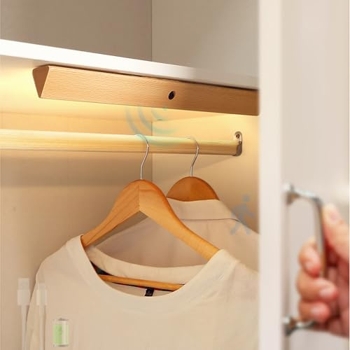 TZSMUM LED Unterbauleuchte Wandlampe Holz Indoor mit Bewegungsmelder Wandleuchte mit Schalter Wandbeleuchtung Aufladbar USB Wandleuchten für Kleiderschrank Treppe Schränke (Warmes Licht,1 Stück)