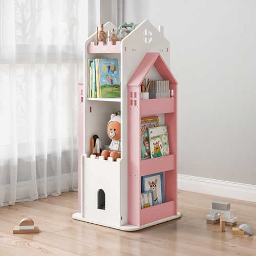 BTGGG NEW 3 Tier Rotating Bookshelf Children's Bookcase Bookshelves with Storage Space, Castle 360° Kids Bookshelf and Shelving Units Revolving Bookcase for Living Room Study Playroom, Pink