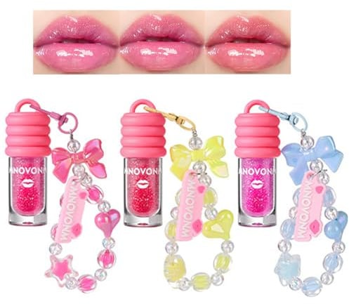 3 Farben Glänzender Rosa Lipgloss, Feuchtigkeitsspendender Lipgloss und Lip Stain, Glitzer Lippenstift, Nährendes, Lippenöl Party Geschenk mit Bowknot Schlüsselanhänger Design