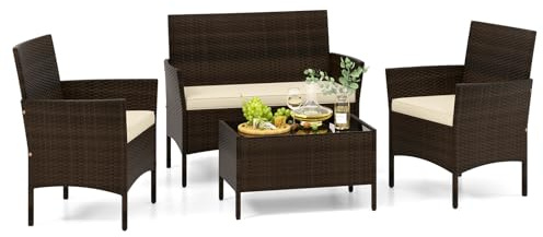 COSTWAY Rattan Gartenmöbel Set, Outdoor Lounge Möbel, Balkonmöbel Kleiner Balkon, Sitzgruppe mit 2 Sessel, Bank, Tisch & Sitzkissen, Sitzgarnitur, Terrassenmöbel, Gartengarnitur für Terrasse (Beige)