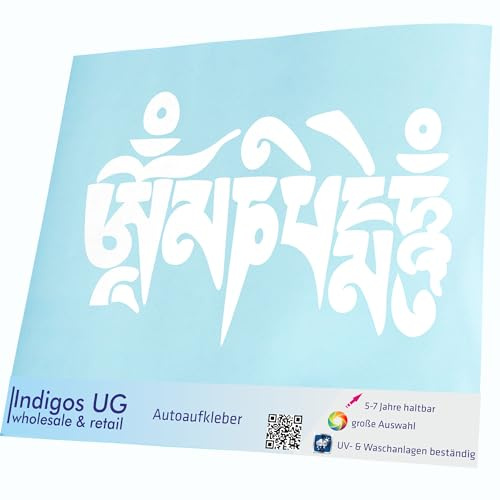 INDIGOS UG Auto Aufkleber Auto - 180x110 mm - Om Mani Padme Hum - weiß - Selbstklebender Sticker für Auto, Fenster, Bus oder LKW