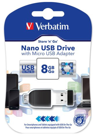 Verbatim Nano Chiavetta USB 8 GB, USB 2.0 con MicroUSB, Velocità Lettura 10 MB/s, Velocità Scrittura 3 MB/s, Nero
