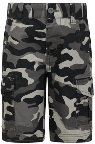 Mountain Warehouse Kids Camo Cargo Shorts - 100% Cotton Shorts, Lightweight Short Trousers, Pockets, Easy Care Camo Pants - Spring Summer, Camping, Travelling Black (Camo) Kids Size 7-8 Years