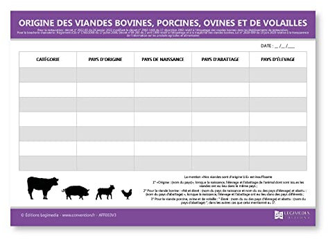 Panneau d'affichage d'origine des viandes bovines - Plastifié et effaçable - Kit de fixation inclus (pastilles adhésives) - Fabriqué en France