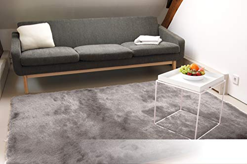 floor factory Exklusiver Hochflor Shaggy Teppich Satin Silber 80x150 cm - edler, seidig glänzender Teppich