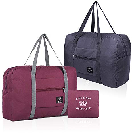 (2 Pack) Foldable Travel Duffel Bag, Waterproof Airlines Carry On Luggage Bag, Lightweight Travel Luggage Bag for Sports, Gym, Vacation (Wine Red, Dark Blue)