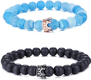 UEUC Paar Distanz Armbänder mit CZ Crown King & Queen Seine Freundschaft Schwarz Matt Achat Stein 8mm