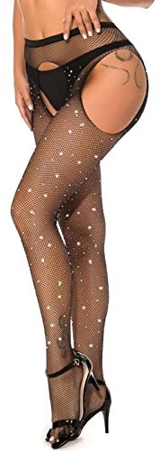 ADOVE Medias de red para mujer, sexy, con diamantes de imitación, cintura alta, con tirantes, Negro1, Talla única