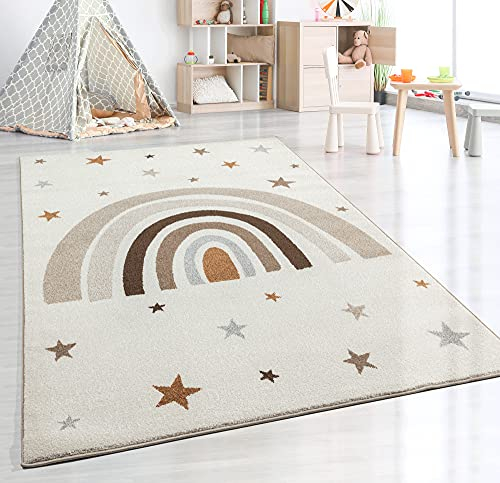 the carpet Beat Kids Moderner Weicher Kinderteppich, Weicher Flor, Pflegeleicht, Farbecht, Regenbogen Muster, Creme, 200 x 280 cm