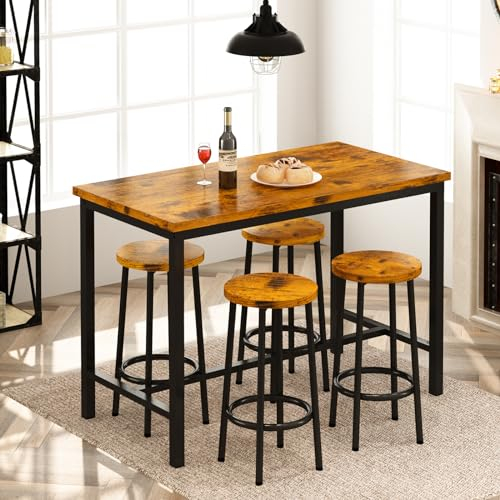 AWQM Juego de mesa y sillas de bar industrial de altura de mostrador con 4 sillas, juego de mesa de bar de 5 piezas, juego de mesa de comedor para el hogar, cocina, mesa de desayuno, color marrón