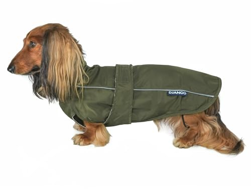 DJANGO City Slicker Wasserdichter Hunde-Regenmantel und leichte Jacke für lange Hunde – Vollständige Abdeckung, reflektierender Regenzupfer und Windbreaker – verstellbar mit Loch für Geschirr (Kombu,