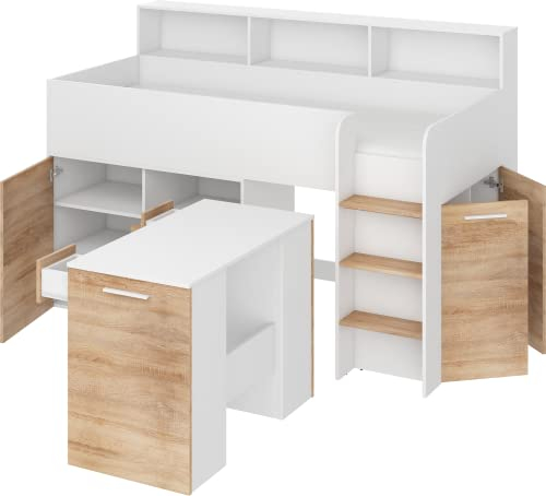 FurnitureByJDM Hochbett mit Schreibtisch, Schubladen, Regalen & Bücherregal – Platzsparendes Kinderbett 80x200 cm Matratzengröße – Rechtsseitige Treppe – NEO (Weiß/Eiche Sonoma)