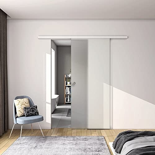 90x225 cm Porta Scorrevole in Vetro da 8 mm Temperato Opaco con Pellicola Anti-frantumi con Binario in Alluminio Bianco Verniciato