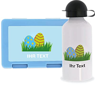 STEMPEL-FABRIK – personalisierbare Lunchbox Hellblau und Trinkflasche mit Namen – Ostereier – Geschenk-Set – Individuelle Brotbox und Wasserflasche für Kinder – Einschulungsgeschenk mit Ostermotiv