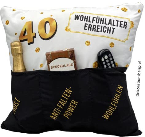 KAMACA Originelles Dekokissen Kissen mit 3 Taschen zum selber Befüllen Größe 43x43 cm tolles Geschenk zum runden Geburtstag (40. Geburtstag)