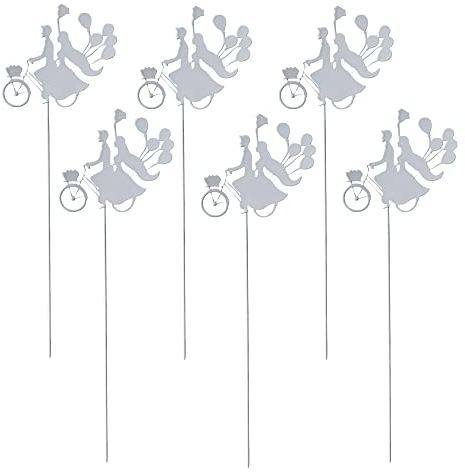 6 Stück Gartenstecker Pflanzenstecker Blumenstecker Hochzeitspaar auf Fahrrad weiß, Hochzeitsdekoration Deko für Hochzeitsblumen Hochzeitsgestecke Cake Topper mit Stab 32cm
