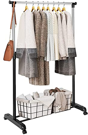 Dhouse Kleiderständer auf Rollen Metall Höhenverstellbar Kleiderstange Rollgarderobe Garderobenständer Kleiderstange Garderobenstange Kleiderwagen 90-170cm für Schlafzimmer Schwarz