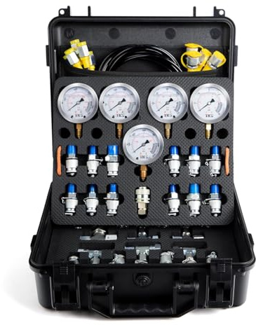 Ajee Hydraulisches Drucktest-Set, 600 bar/8700 psi/60 MPa, 5 Messgeräte, 13 Testkupplungen, 14 T-Anschlüsse, 5 Testschläuche, für Bagger, Baumaschinen, Schiffen, Bergbau und andere Industrien