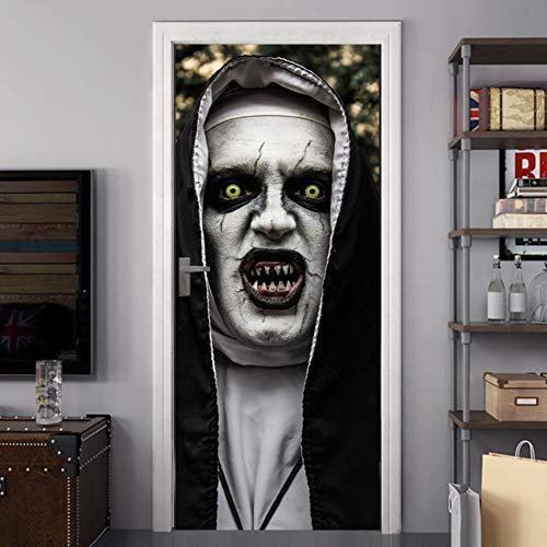 2 Stück Tür bekleben mit Türtapete Selbstklebend 3D Horror Nonne PVC Selbstklebender Abnehmbarer Türaufkleber Türposter Kinderzimmer Fototapete Türfolie Poster Tapete für Heimdekoration 200x77cm