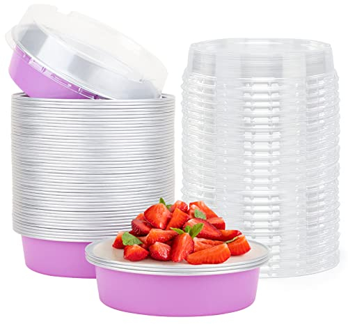 Beasea Lot de 50 mini poêles jetables avec couvercles - 10,2 cm - 227,8 g - En aluminium - Rose clair - Pour cupcakes, desserts, muffins, ramequins - Quiches