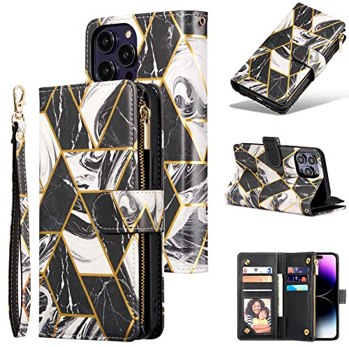 DEFBSC Case for iPhone 14 Pro Max, Premium PU Leather Geometric Marble Pattern Zipper Wallet Case with Detachable Wrist Strap, Magnetic Closure Card Slots Shockproof Marble Flip Cover Case - Black