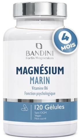 Bandini® Marine Magnesium and Vitamin B6 - Fights Fatigue, Stress & Aches - | 120 Plant-Based Capsules (4-Month Supply) - High Strength Supplement - 100% Vegan - Improves Sleep, Nerve & Muscle Function