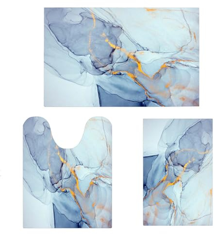 EMMTEEY Badteppich aus blauem Marmor für Badezimmer, rutschfest, 3-teiliges WC-Vorleger mit U-förmiger Badematte, wasserabsorbierend, niedriger Flor, Badematte, schnell trocknende Matte, Duschvorleger