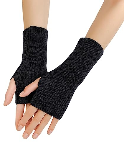 Linwnil Damen Winter Warm Strick Fingerlose Handschuhe Daumenloch Strick Handgelenk Armstulpen Fäustlinge, 1 Paar, schwarz, Einheitsgröße