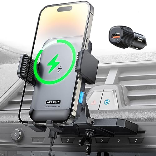 APPS2Car Wireless Car Charger Mount CD Slot Auto Clamp 15W Fast Charging CD Phone Holder for Car Wireless Charger Fits iPhone 15 14 13 12 Pro Max Samsung