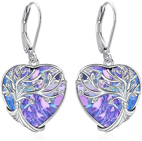 Eusense Boucles d'oreilles Arbre De Vie en Cristal Pour Femmes Boucles d'oreilles en Argent 925 Avec Cœur en Cristal Violet Bijoux Cadeaux pour Femmes Filles