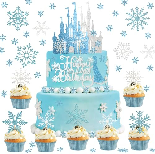 HOWAF Frozen Tortendeko, Cake Topper Geburtstag Schloss Schneeflocken, Schneeflocke Konfetti Kuchendekoration für Happy Birthday Mädchen