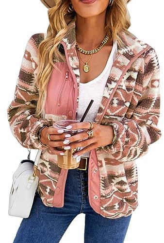 SELINK Damen-Fleece-Jacke, Western-Azteken-Druck, langärmelig, Druckknopfleiste, Jacke mit Taschen, Pink, Mittel