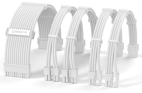 PSU Cable Extension,Full White PSU Cables - Easy Management Nylon Sleeved Power Supply Cable,1x24Pin ATX / 2x8 (4+4) Pin EPS / 2x8 (6+2) Gold- Plated Pin GPU,Build Full White PC Case,5 Kits